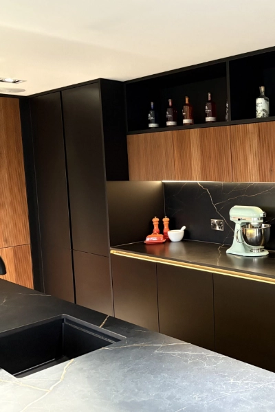 Elegant Fluted Walnut and Matt Black Kitchen 10